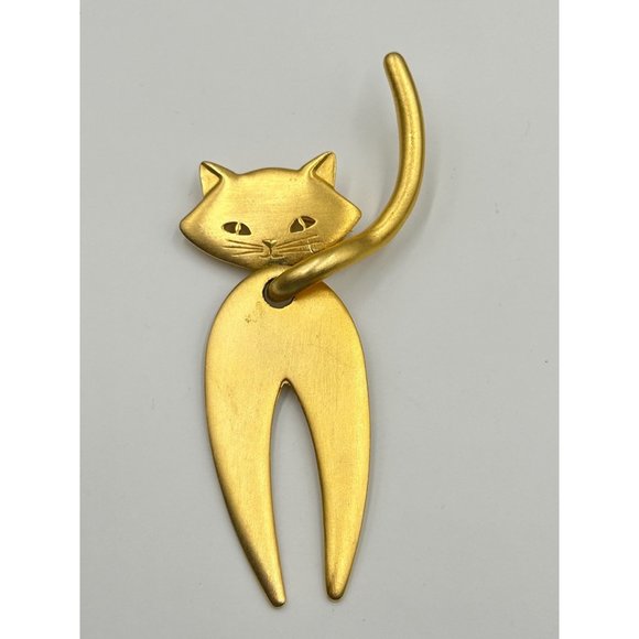 Vintage JJ Cat Brooch Matte Gold Tone Oversized Cat Articulated Tail Large Pin - Picture 2 of 6
